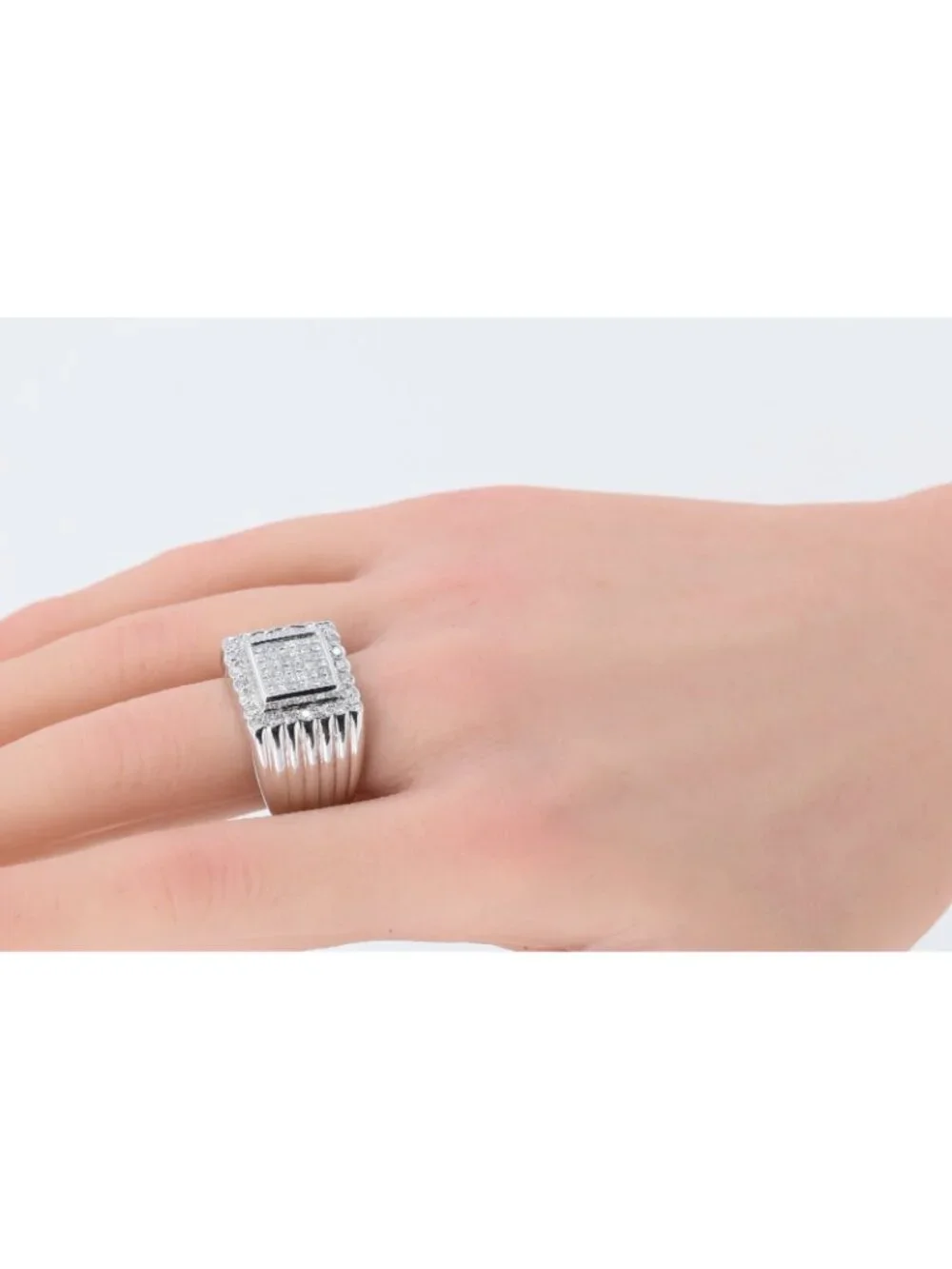 14K Solid White Gold Princess Cut Diamond Cluster Halo Men's Ring - Size 9.25